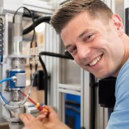 Ein junger Mechaniker vor einer technischen Gerätschaft lächelt in die Kamera