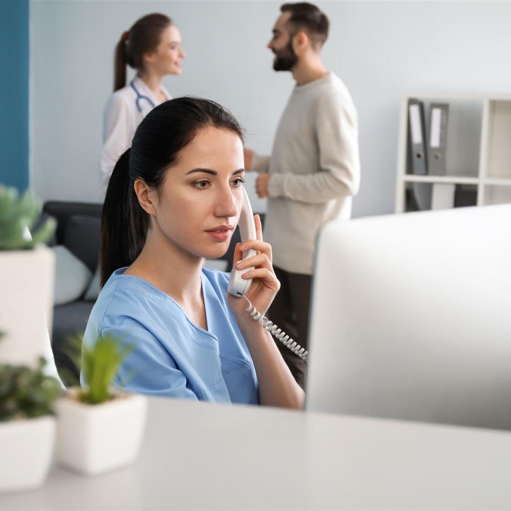 Eine junge Mitarbeiterin eines Krankenhauses sitzt telefonierend vor dem Bildschirm, um einen Termin einzutragen