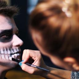 Eine Maskenbildnerin schminkt einen Mann