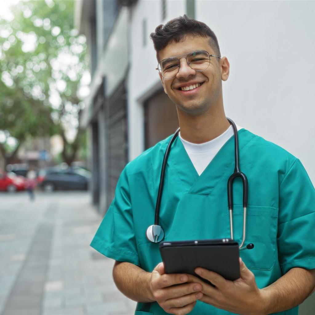 Ein junger Krankenpfleger steht mit einer Akte in der Hand vor dem Krankenhaus