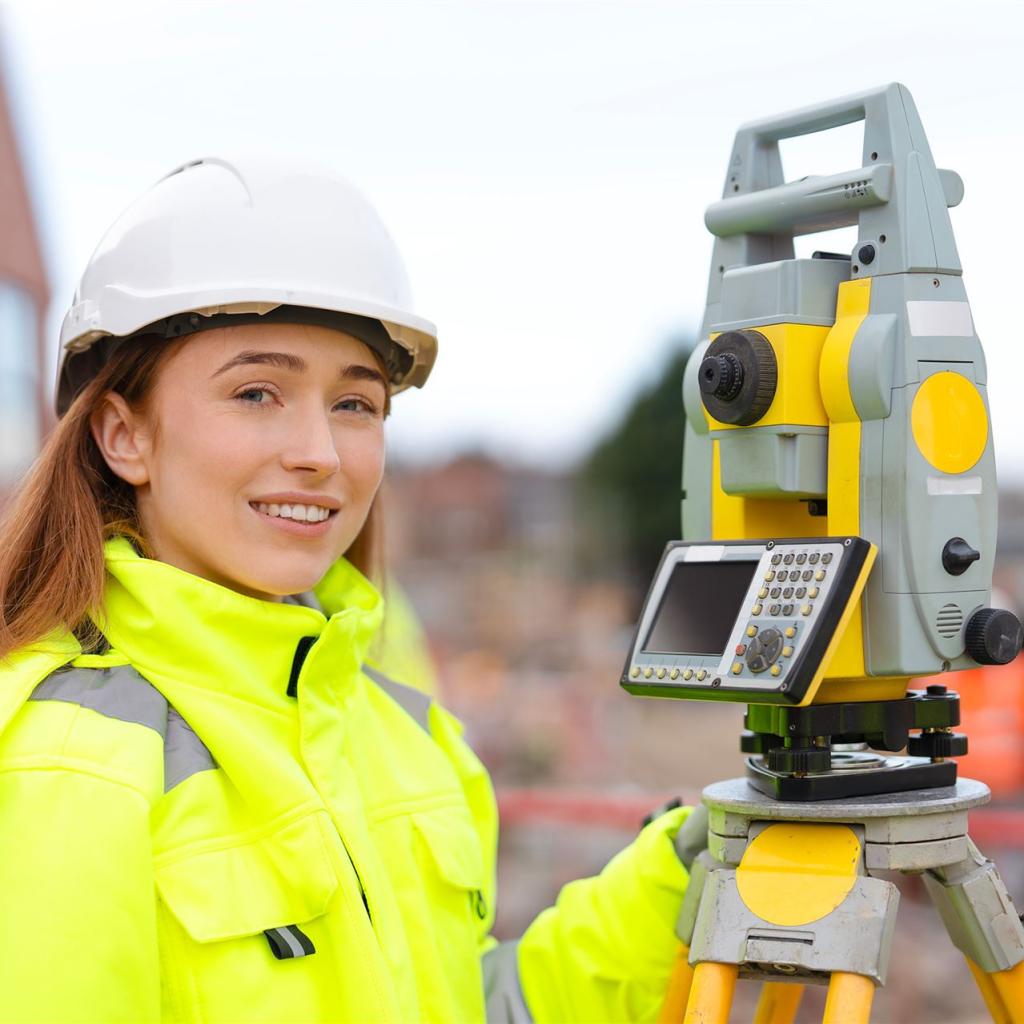 Ein junge Vermessungstechnikerin vor einem Vermessungsgerät